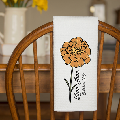 Personalized Birth Month Flower Waffle Weave Towel