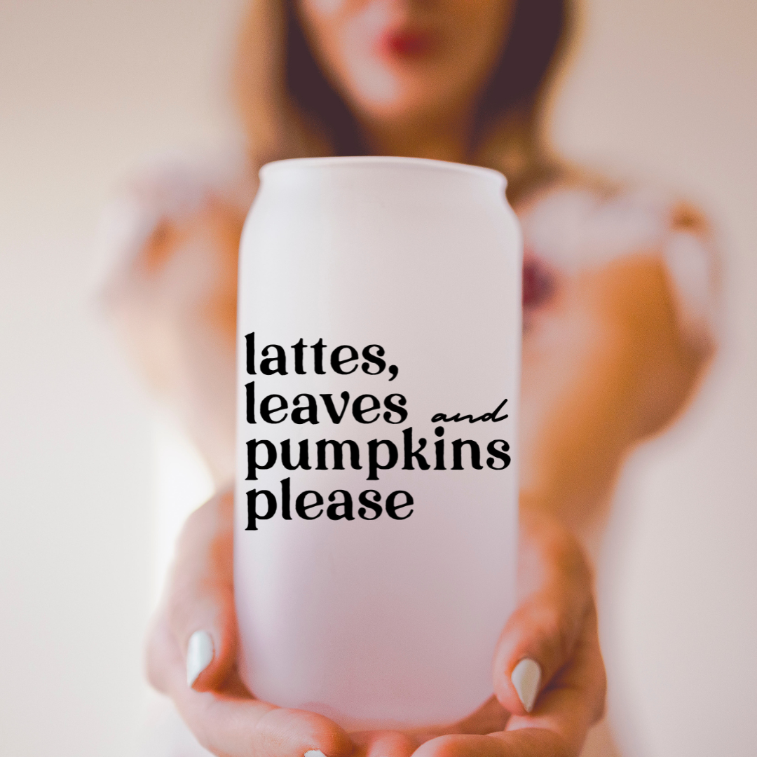 Lattes Leaves and Pumpkins Please Beer Can Glass