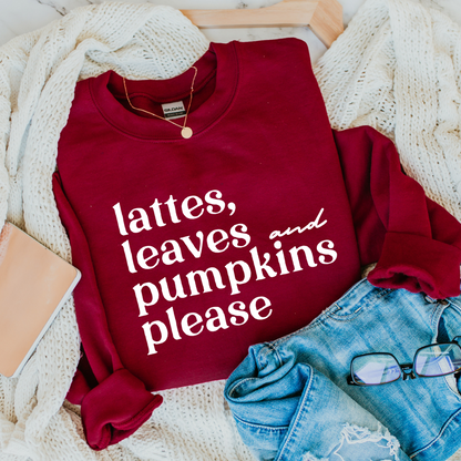 Lattes Leaves and Pumpkins Please Sweatshirt // Cardinal Red